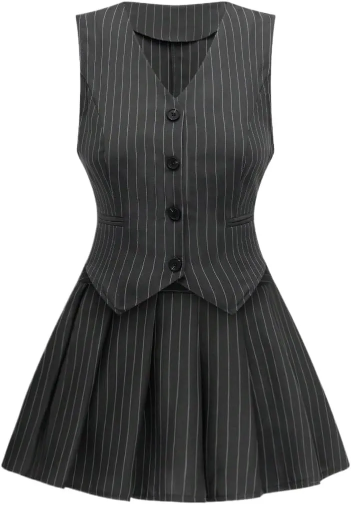 outfits microbe biographer eloquent summer Striped Single-Breasted Vest And Skirt Set womens two piece 