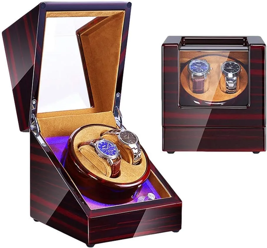 Paint Exterior Dual Power Supply 4 Rotation Modes (Brown) Automatic Double Watch Winder Box with cater LED Illumination Piano 