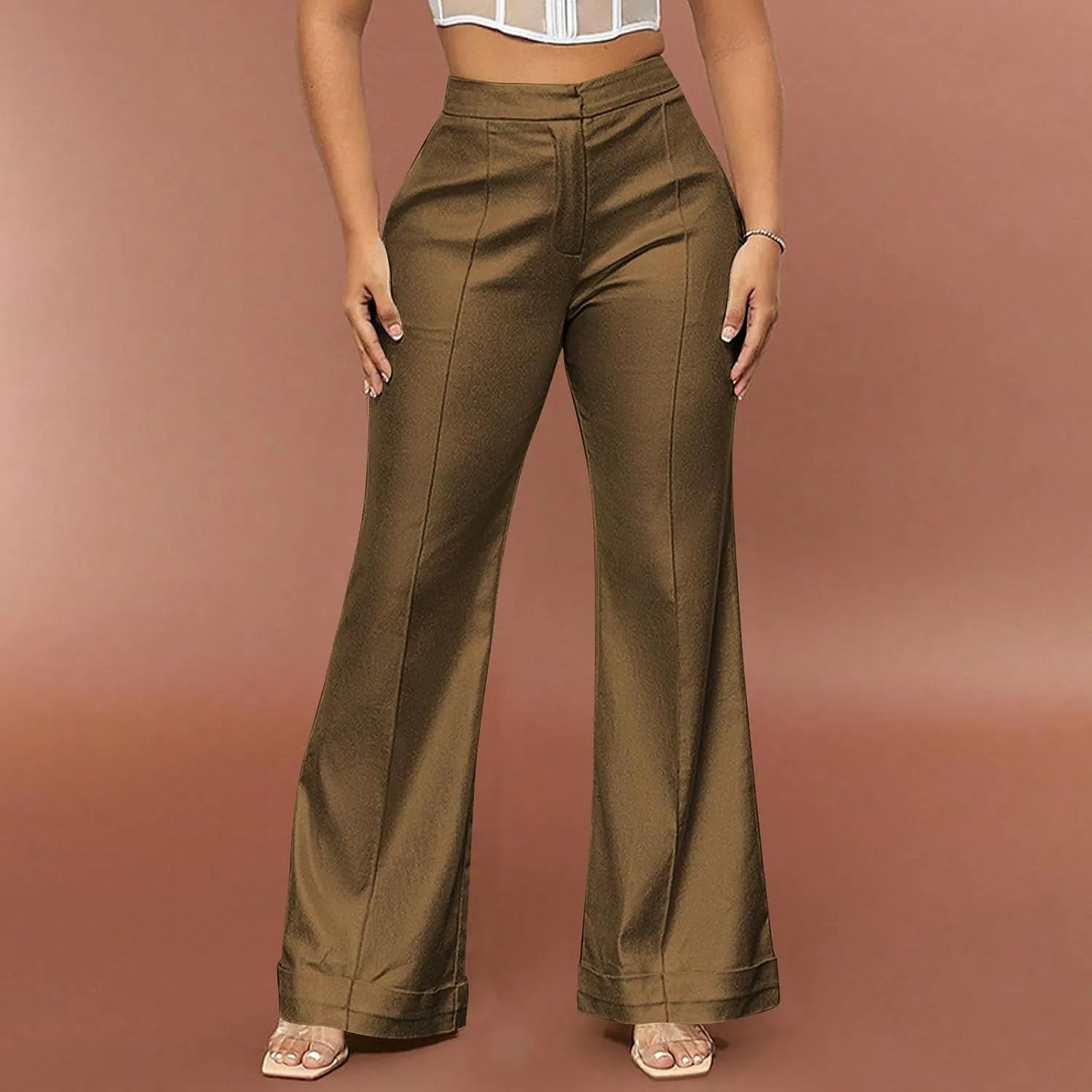 Pants High Waist Wide Leg Metallic Pants Stretch Bell Bottoms Trousers with Pockets Women's magnitude Shiny Flare 