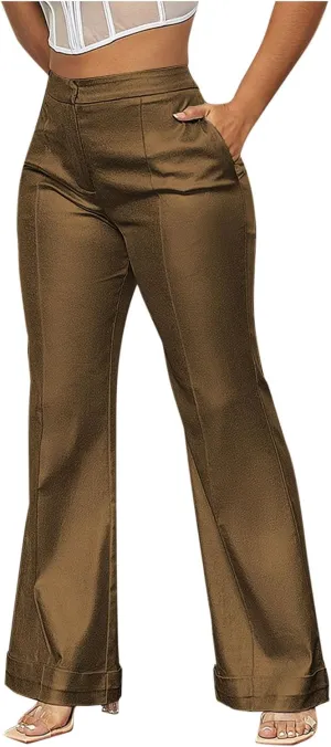 Pants High Waist Wide Leg Metallic Pants Stretch Bell Bottoms Trousers with Pockets Women's magnitude Shiny Flare 