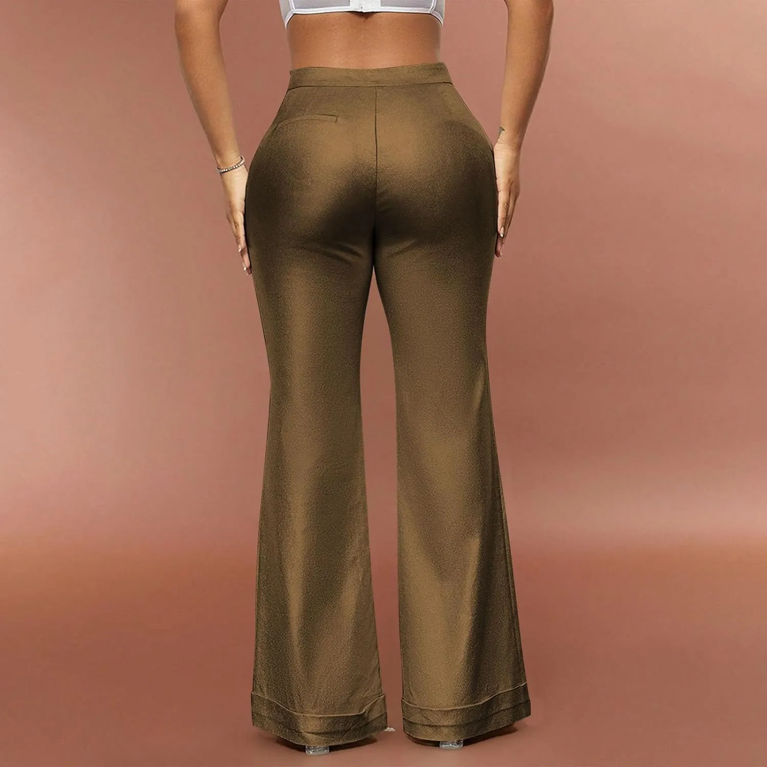 Pants High Waist Wide Leg Metallic Pants Stretch Bell Bottoms Trousers with Pockets Women's magnitude Shiny Flare 