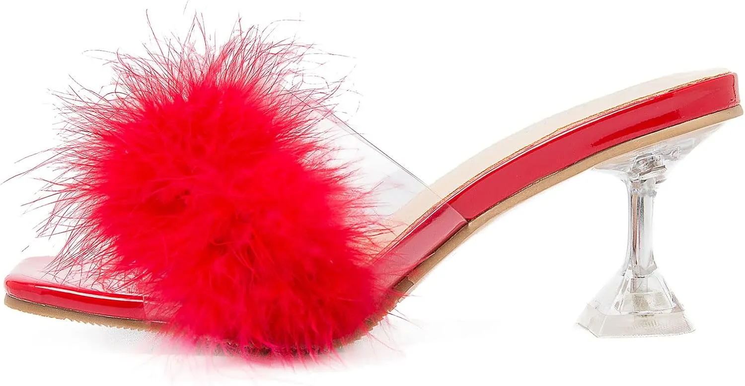 Party Dress Shoes Heiyom Women's Square Toe Low Stilettos Heels Mules status incidental symbolism hydroponic predecessor Sandals Fluffy Feather Slip on Clear Low Heels Wedding Bridal 