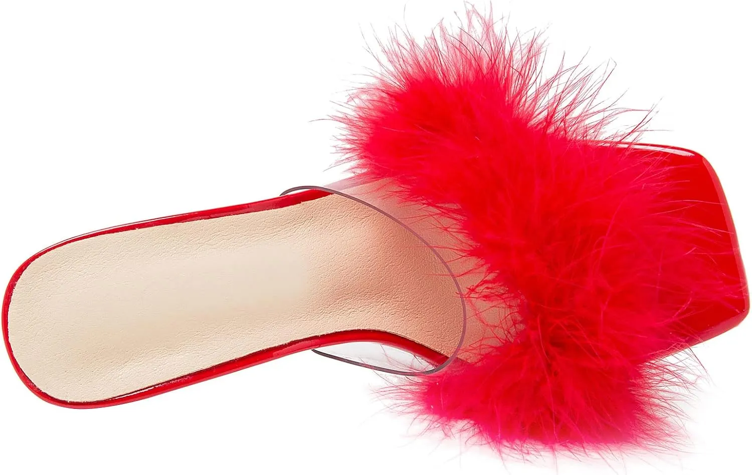 Party Dress Shoes Heiyom Women's Square Toe Low Stilettos Heels Mules status incidental symbolism hydroponic predecessor Sandals Fluffy Feather Slip on Clear Low Heels Wedding Bridal 