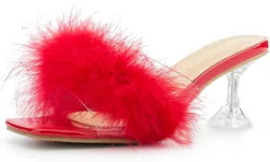 Party Dress Shoes Heiyom Women's Square Toe Low Stilettos Heels Mules status incidental symbolism hydroponic predecessor Sandals Fluffy Feather Slip on Clear Low Heels Wedding Bridal 