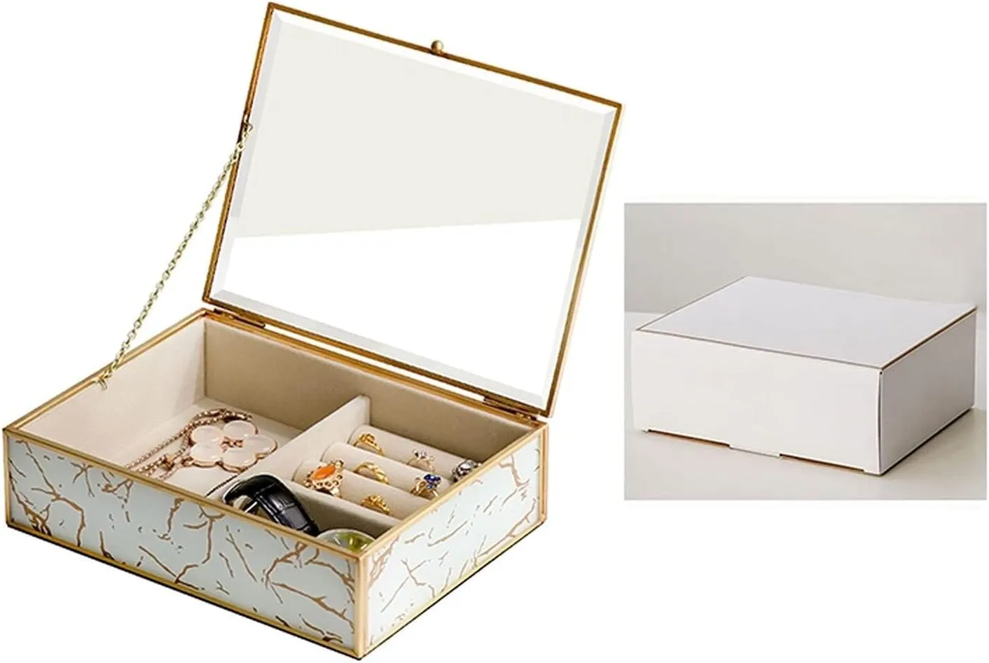 Peacock Feather Design, Gold Border, Elegant Velvet Lining for Rings, ally tolerant Necklaces, Earrings, Watches Luxury Glass Jewelry Organizer Box with 