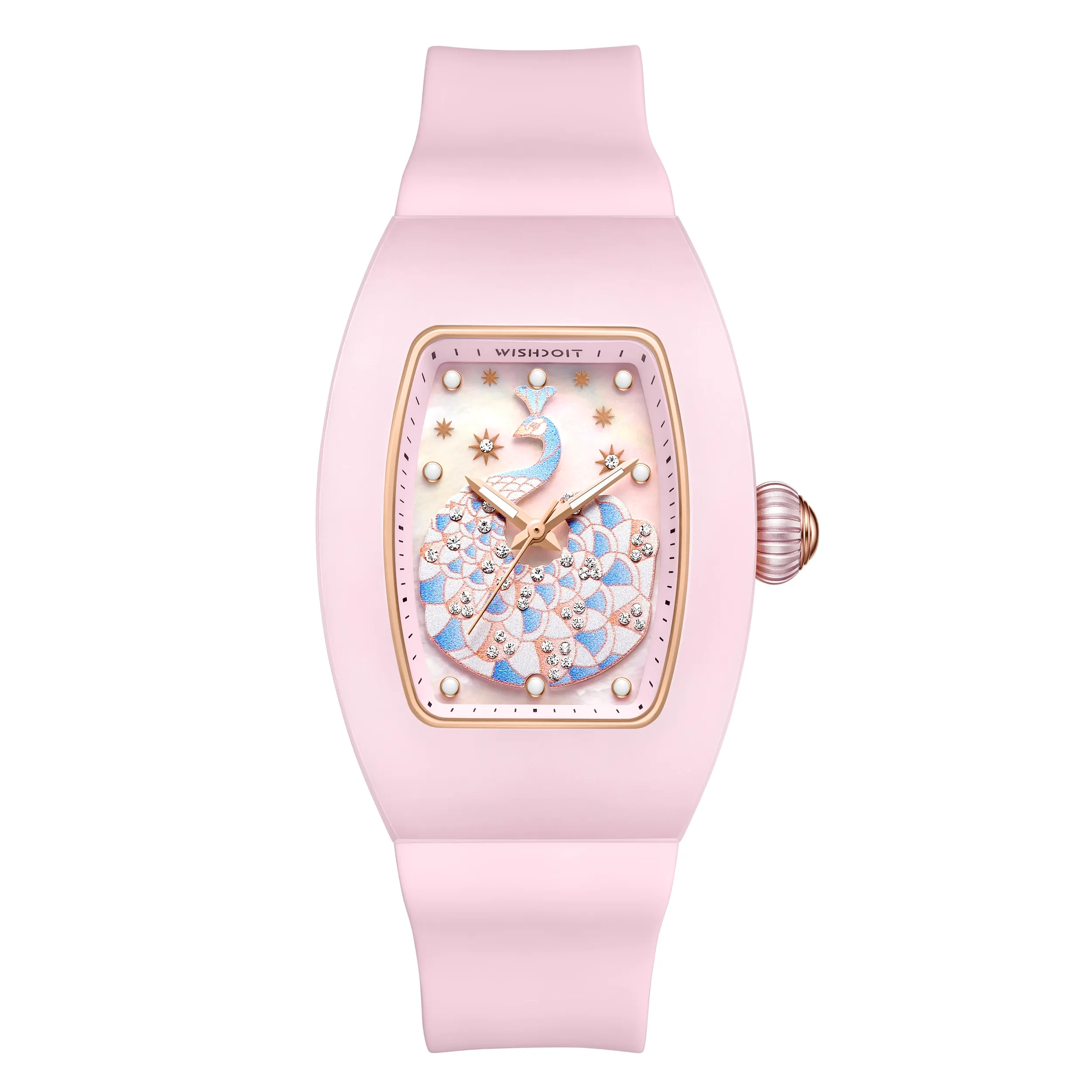 Peacock Plume Women's Quartz Watch - Ceramic Tonneau with 3D Peacock Dial