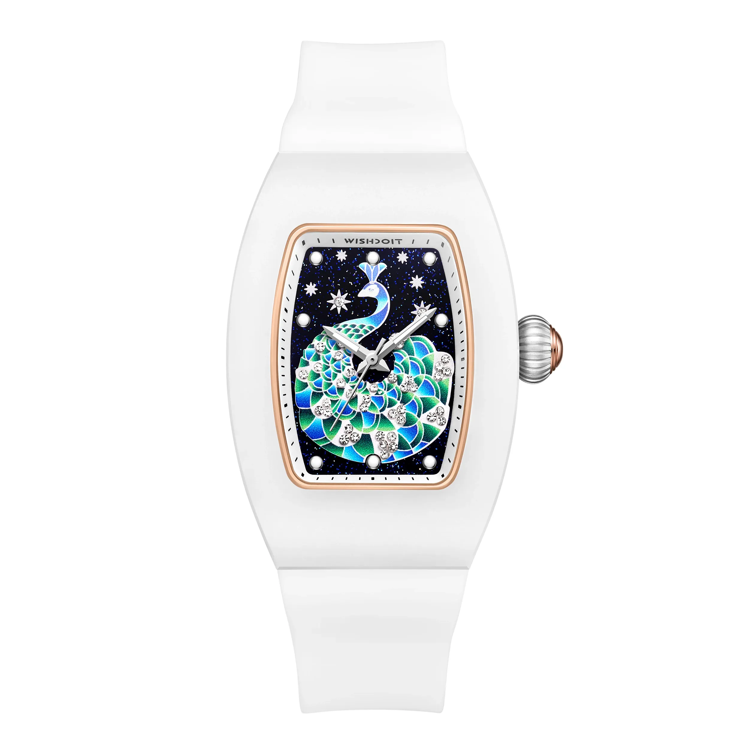 Peacock Plume Women's Quartz Watch - Ceramic Tonneau with 3D Peacock Dial