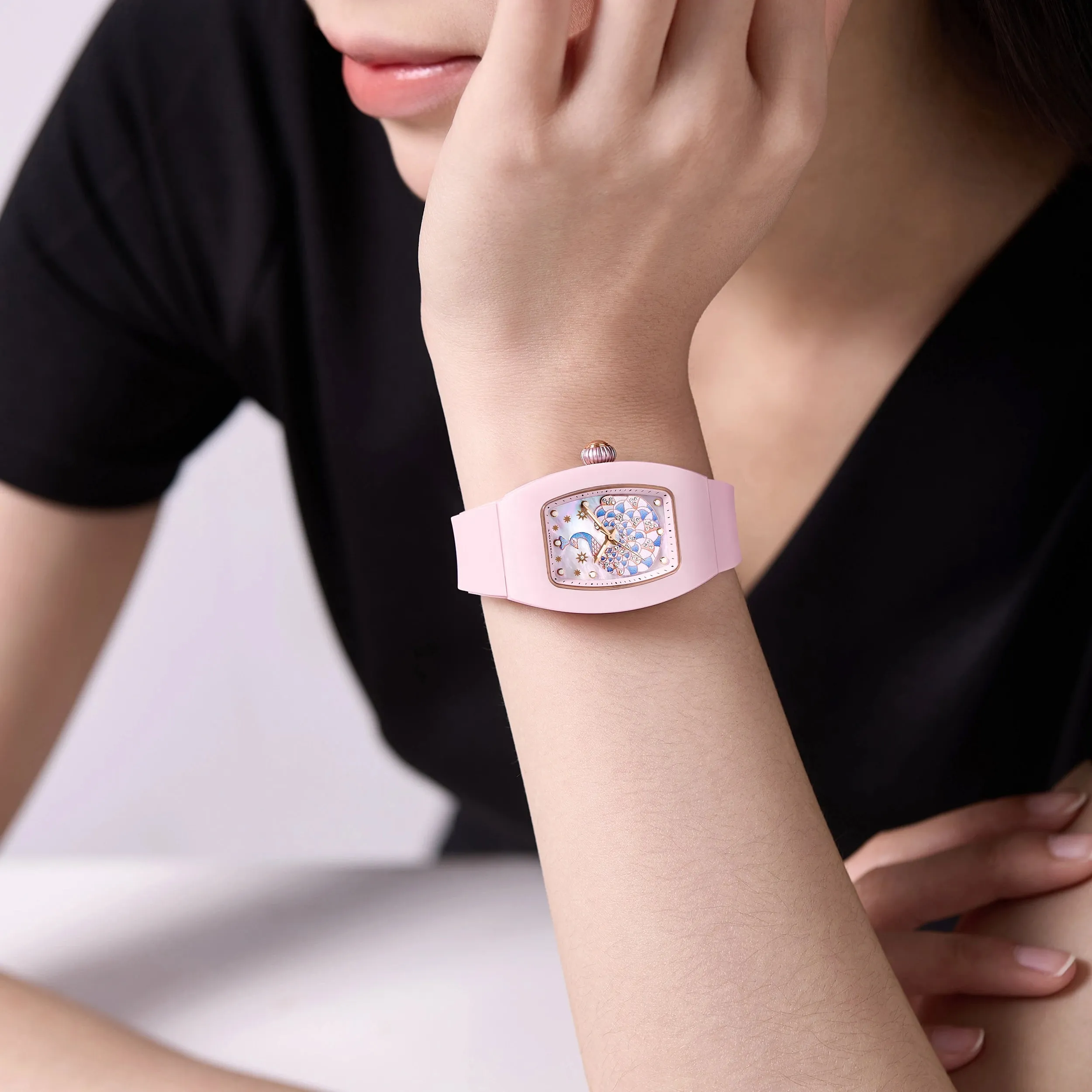 Peacock Plume Women's Quartz Watch - Ceramic Tonneau with 3D Peacock Dial