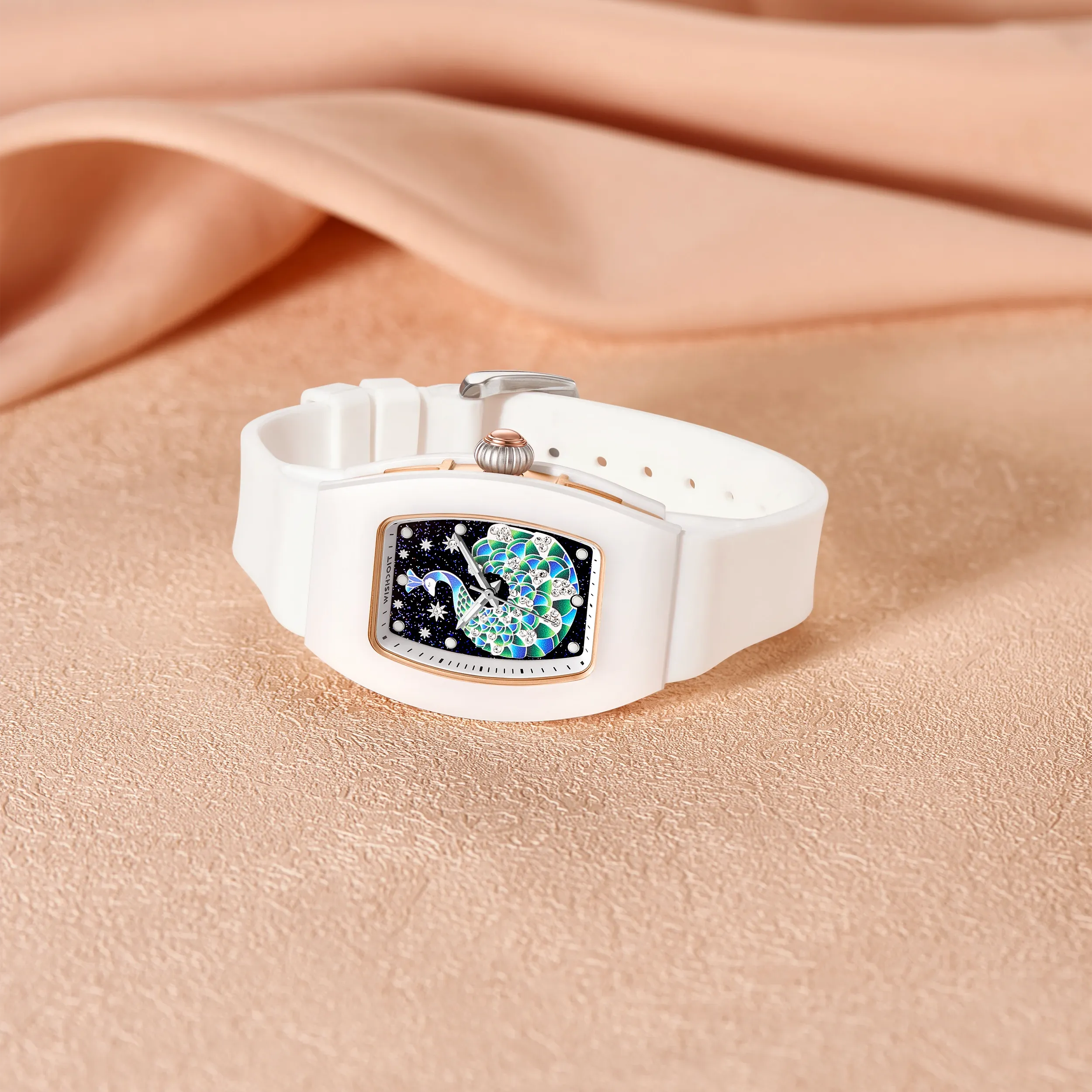 Peacock Plume Women's Quartz Watch - Ceramic Tonneau with 3D Peacock Dial