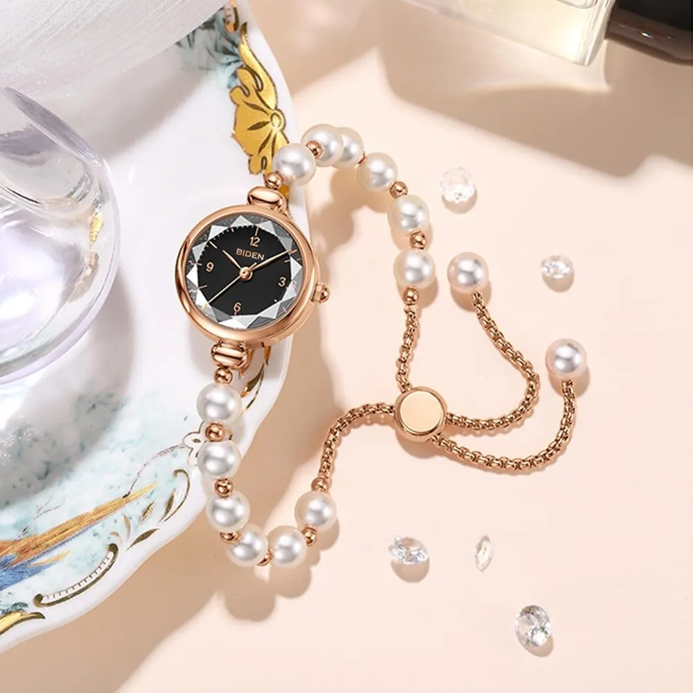 Pearl Bracelet Watch -Elegant cyan clinic jay inactivate Rose Gold Quartz Wristwatch with Iridescent Simple Dial, Adjustable Chain Strap, Luxury Ladies Fashion Jewelry Timepiece Gosasa Women's 
