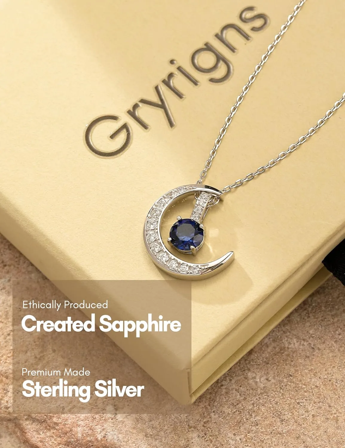 Pendant, Chain Adjustable spinal up to 19 925 Sterling Silver Lab-Created Gemstone Necklace for Women, Birthstone Necklace Crescent Moon 