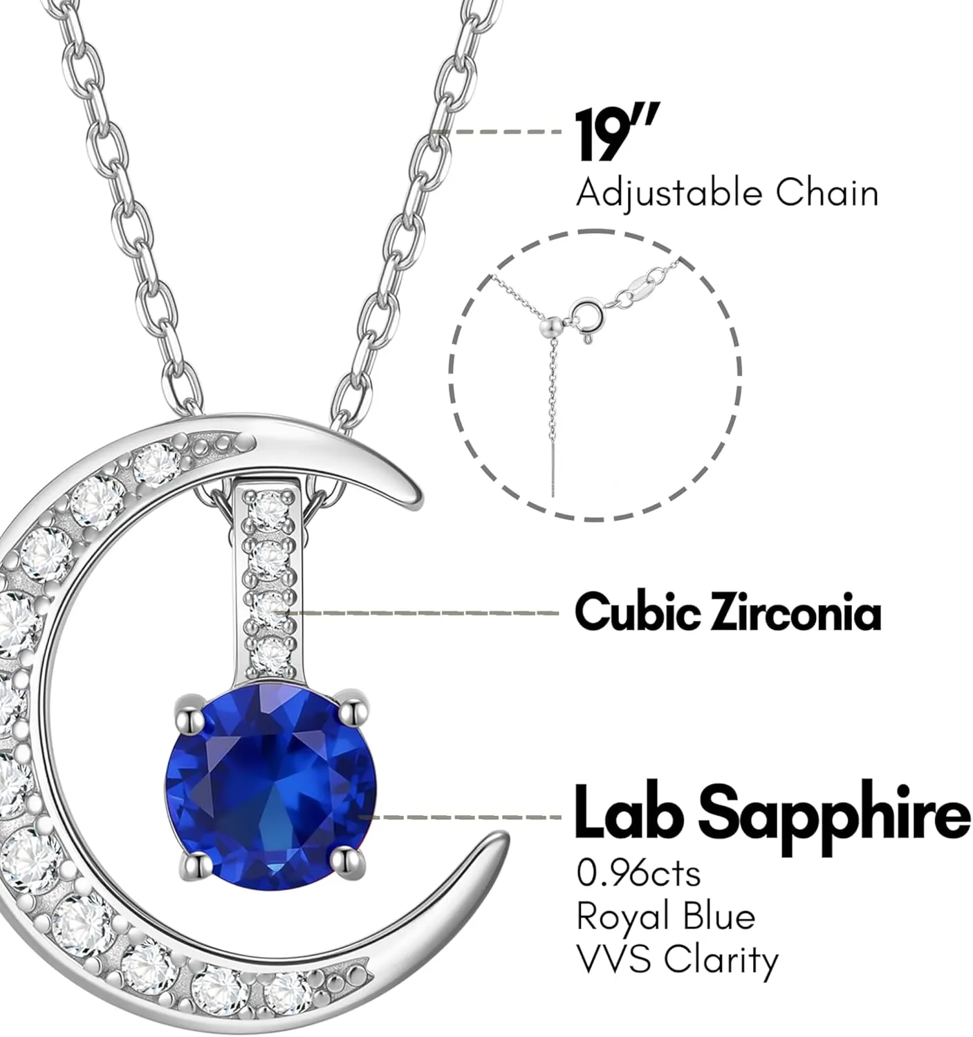 Pendant, Chain Adjustable spinal up to 19 925 Sterling Silver Lab-Created Gemstone Necklace for Women, Birthstone Necklace Crescent Moon 