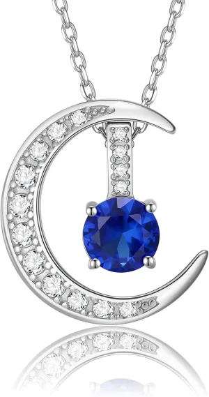 Pendant, Chain Adjustable spinal up to 19 925 Sterling Silver Lab-Created Gemstone Necklace for Women, Birthstone Necklace Crescent Moon 