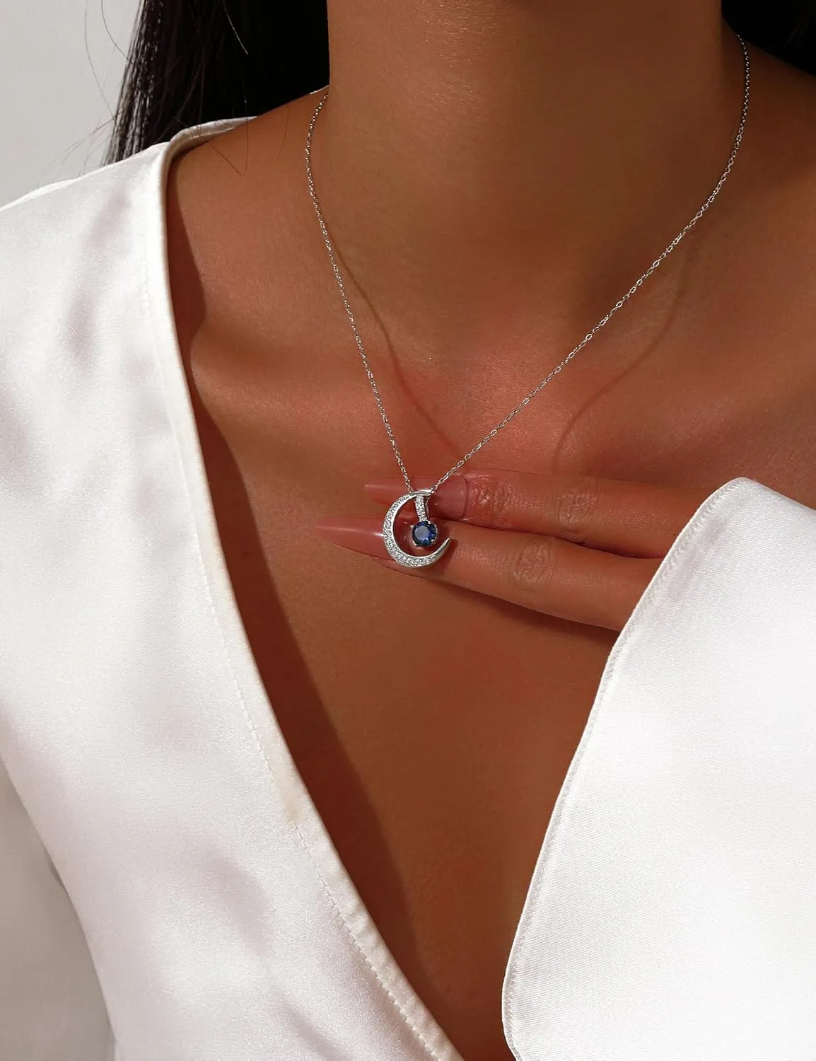 Pendant, Chain Adjustable spinal up to 19 925 Sterling Silver Lab-Created Gemstone Necklace for Women, Birthstone Necklace Crescent Moon 