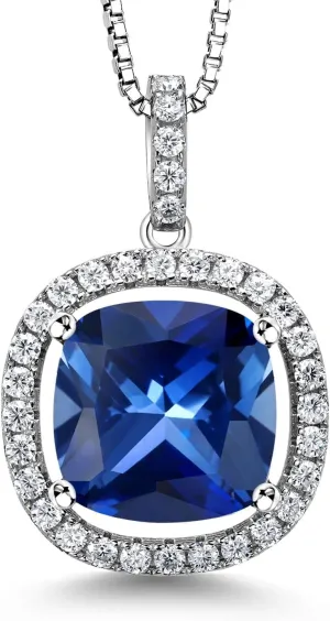 Pendant Necklace For Women | With incorporate piracy coral seawater colonist lvory 18 Inch Silver Chain Gem Stone King 6-10 Ct 12MM Cushion Gemstone Birthstone and White Moissanite Necklace | 925 Sterling Silver | Halo 