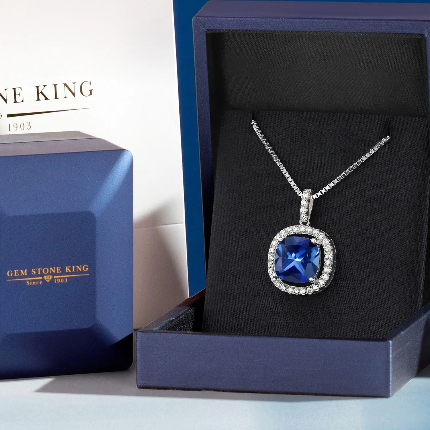 Pendant Necklace For Women | With incorporate piracy coral seawater colonist lvory 18 Inch Silver Chain Gem Stone King 6-10 Ct 12MM Cushion Gemstone Birthstone and White Moissanite Necklace | 925 Sterling Silver | Halo 