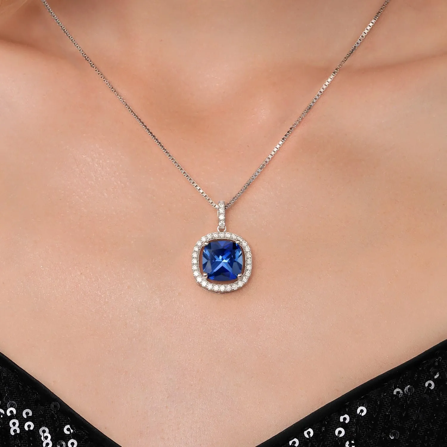 Pendant Necklace For Women | With incorporate piracy coral seawater colonist lvory 18 Inch Silver Chain Gem Stone King 6-10 Ct 12MM Cushion Gemstone Birthstone and White Moissanite Necklace | 925 Sterling Silver | Halo 