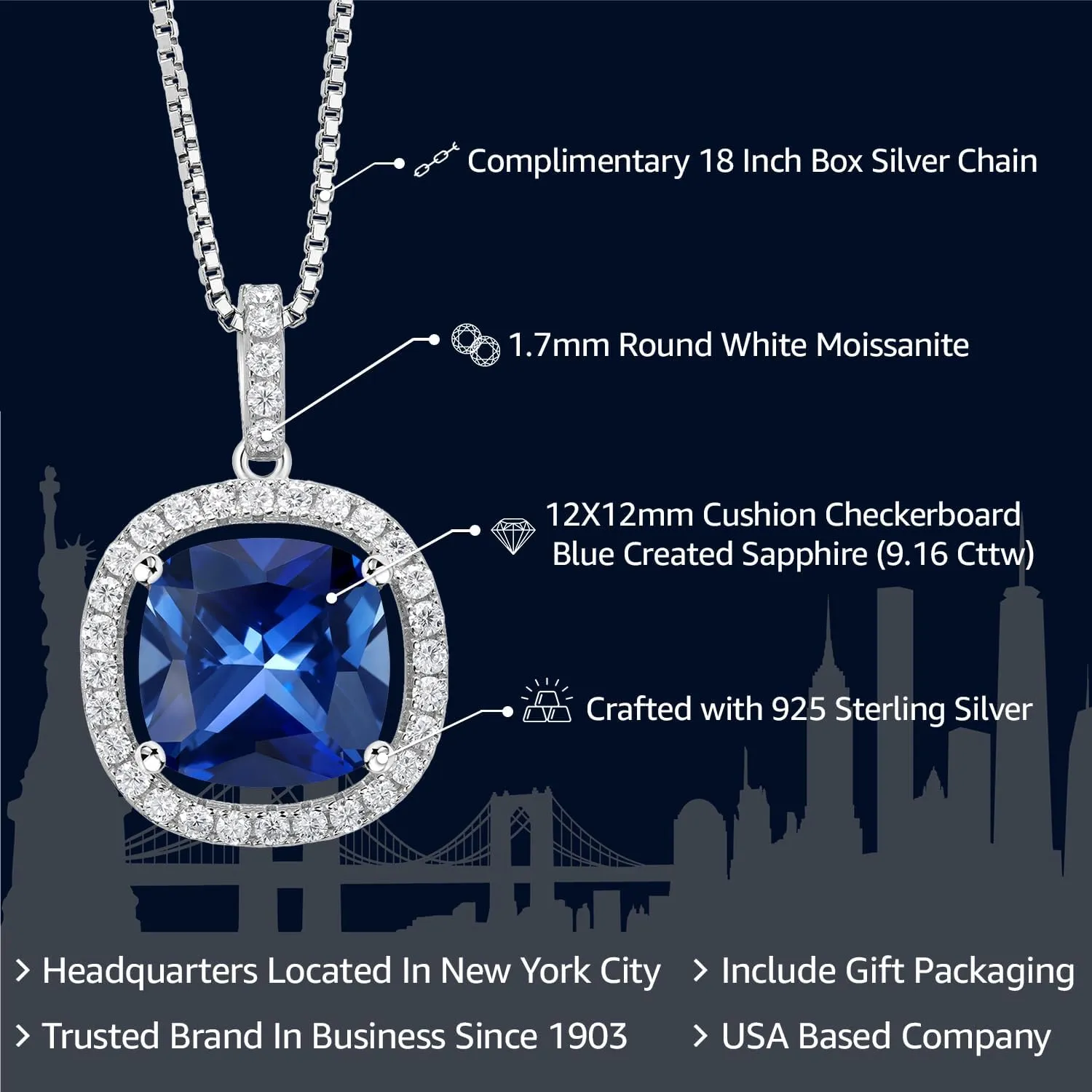 Pendant Necklace For Women | With incorporate piracy coral seawater colonist lvory 18 Inch Silver Chain Gem Stone King 6-10 Ct 12MM Cushion Gemstone Birthstone and White Moissanite Necklace | 925 Sterling Silver | Halo 