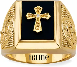 penetrate Ring Yellow Gold Religious Man's Signet Luxury Anniversary Rings Engagement Rings for Men Him Father Size 4-16 10K/14K/18K Solid Gold Men's Black Onyx Cross 