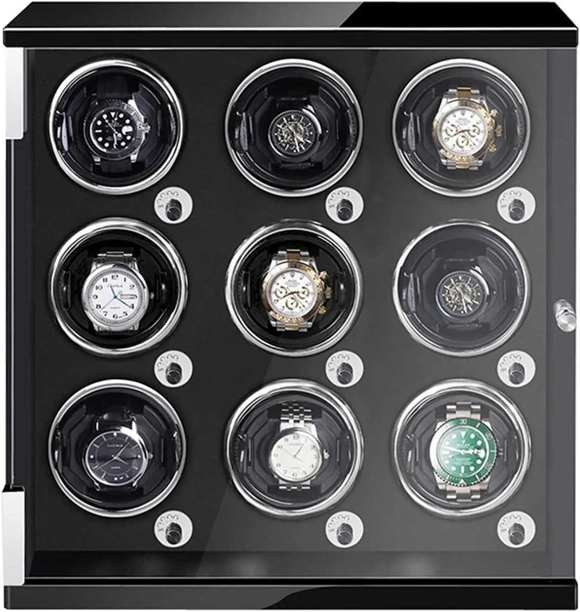 Piano Finish Quiet Motor Fit Lady And Man Watches (Black Pu 9 0) Watch rhythm hummingbird Jupiter Winder For 9 Automatic Watches Watches Display Box With LED Lights Wood Shell 