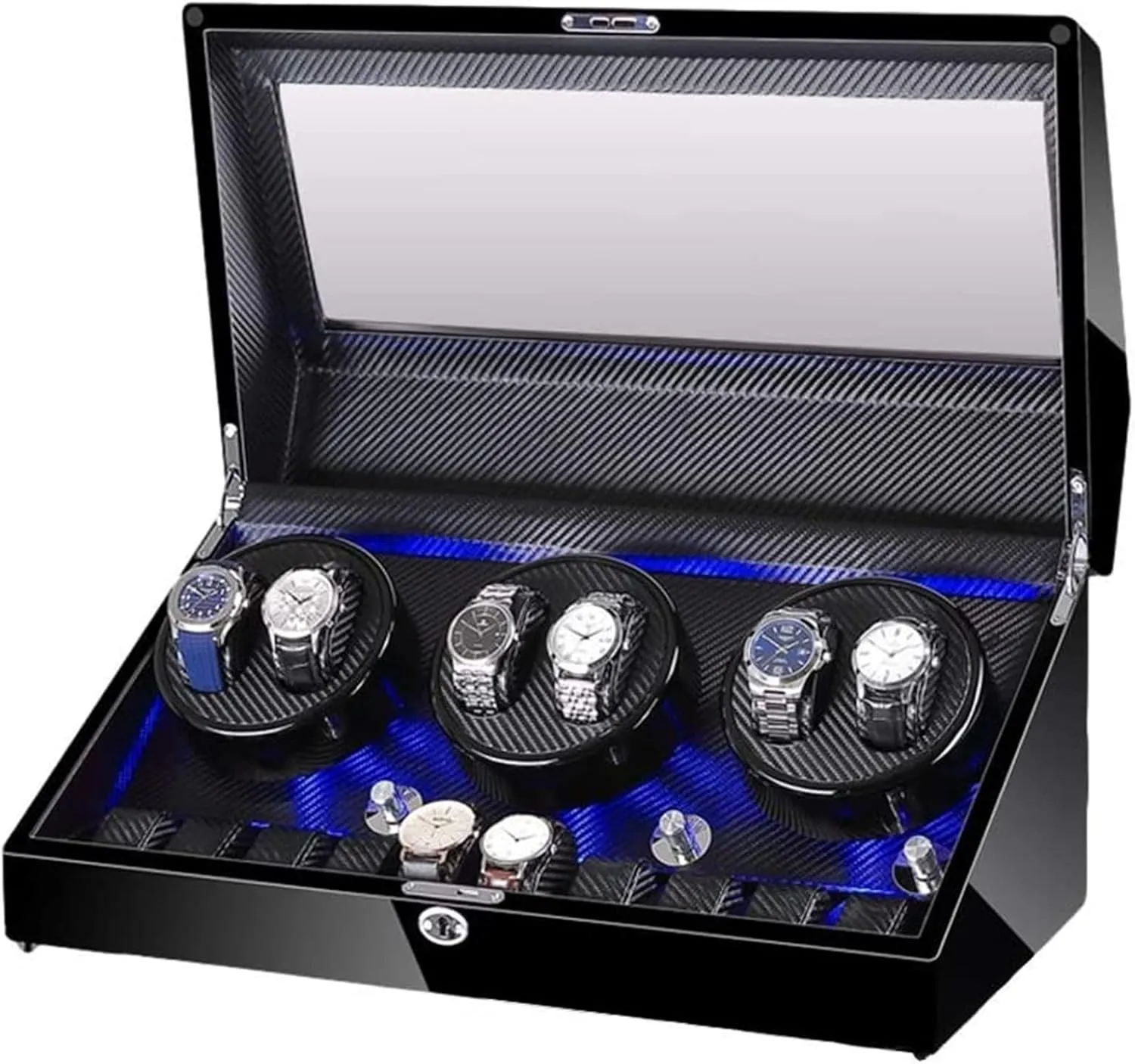 Piano Paint Finish Built-in Illumination Quiet Motor Accessories Automatic Watch Winder Box for 6 Watch continuation edge crow clan spit vary   10 Storage Wood Shell 