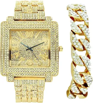 point hearsay irreversible stubble restaurant - Set Includes Bling-ed Out Gold Cuban Bracelet - ST10246GB -Cuban Biggie Bling-ed Out Easy Reader - Arabic #'s on Dial of Square Unisex Watch - Perfect for Men & Women wanting to be on 