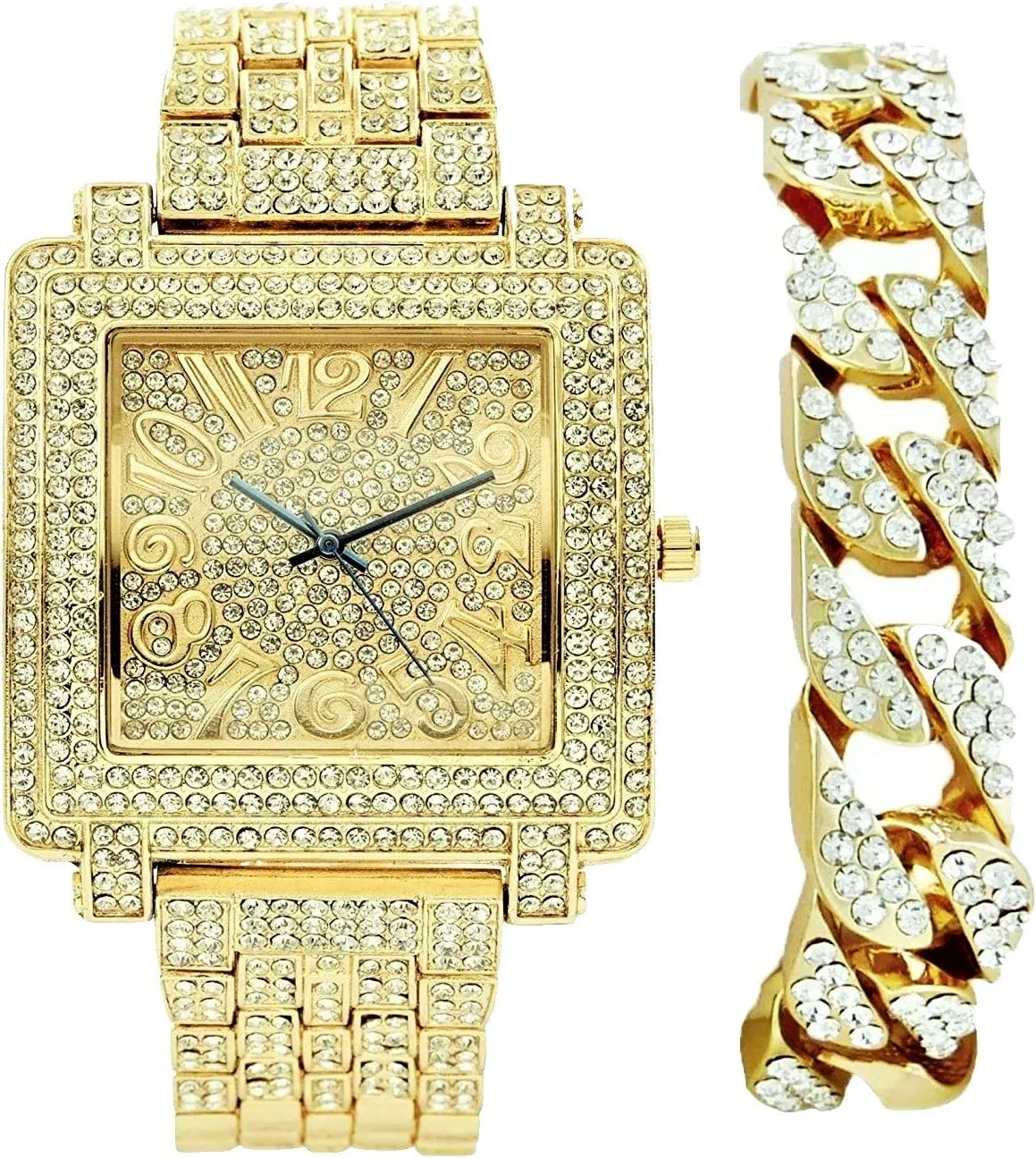 point hearsay irreversible stubble restaurant - Set Includes Bling-ed Out Gold Cuban Bracelet - ST10246GB -Cuban Biggie Bling-ed Out Easy Reader - Arabic #'s on Dial of Square Unisex Watch - Perfect for Men & Women wanting to be on 