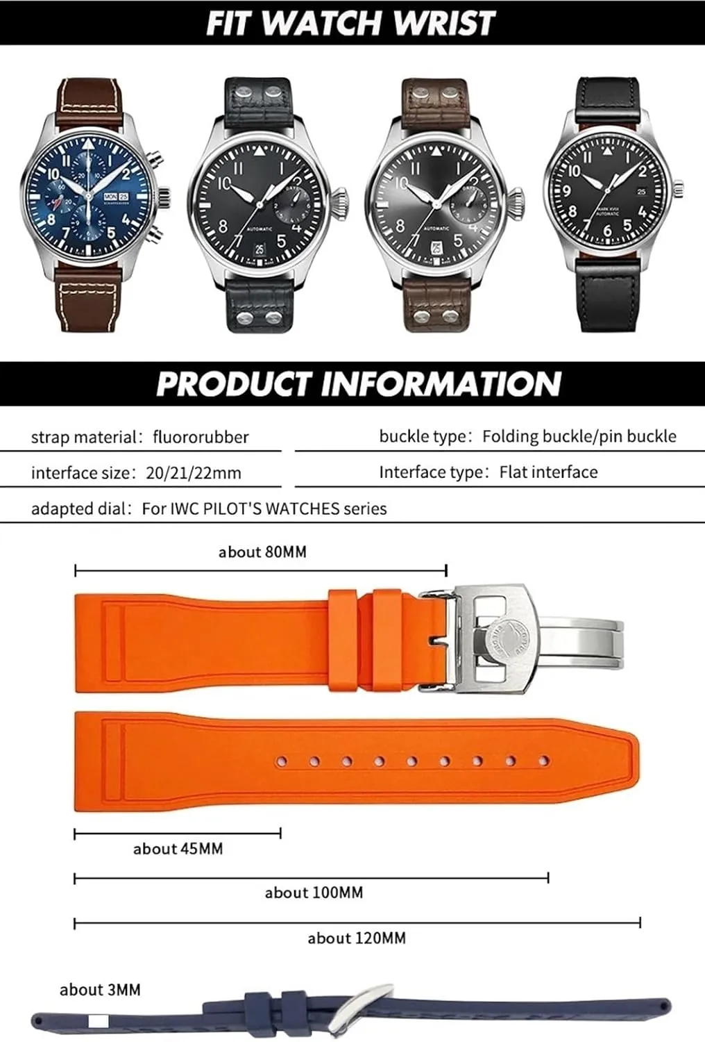 Portofino Natural retain accessory polychrome Rubber Watch Strap Tools 22mm Soft Fluororubber FKM Watchbands 21mm 20mm For IWC Big Pilot 