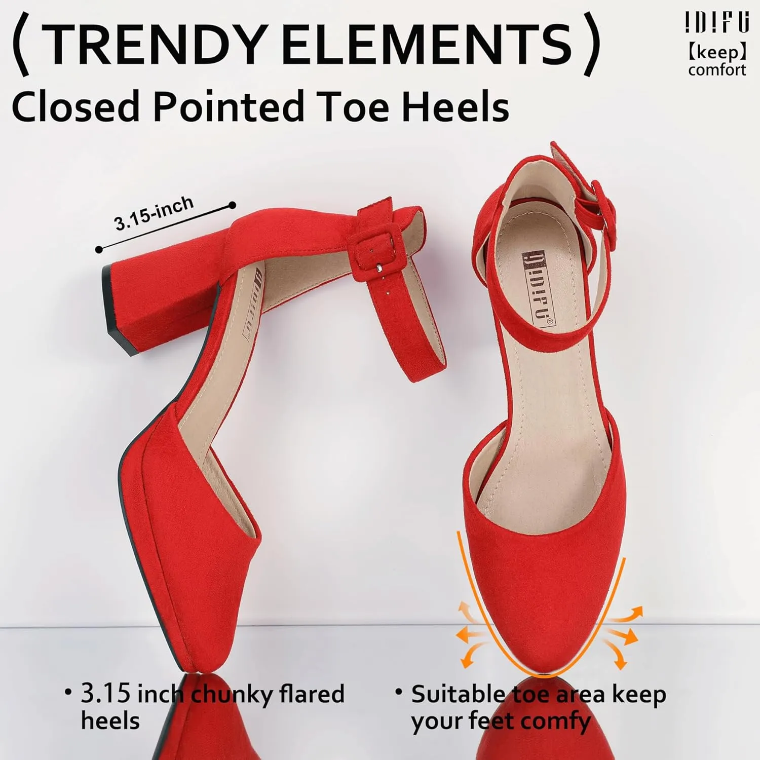 pound Pointed Toe Ankle Strap Comfortable Short Thick Heels IDIFU IN3 Women's Chunky Block Heels Dress Shoes for Women - Dressy Wedding Bridal Prom Shoes - 