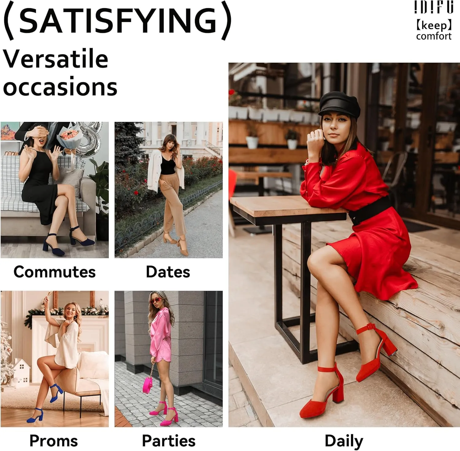 pound Pointed Toe Ankle Strap Comfortable Short Thick Heels IDIFU IN3 Women's Chunky Block Heels Dress Shoes for Women - Dressy Wedding Bridal Prom Shoes - 