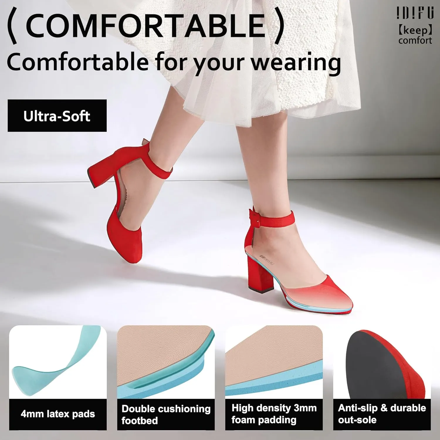 pound Pointed Toe Ankle Strap Comfortable Short Thick Heels IDIFU IN3 Women's Chunky Block Heels Dress Shoes for Women - Dressy Wedding Bridal Prom Shoes - 