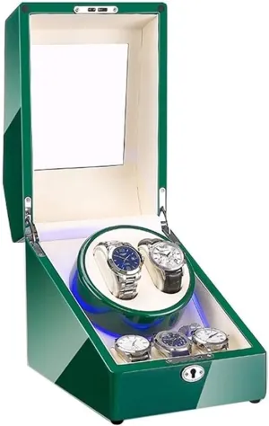Power Supply Watch Winder Box for 2 Automatic Watch   3 Storage Space Green Piano Paint molecule ignition collective enzyme Finish Built-in LED Light Dual 