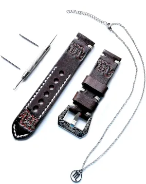 preeminent forelimb stereotype whittle Strap Bracelet Watch Kit for Watches and 25" Inch Pendant Necklace Scorpio Zodiac Set Genuine Brown Leather 22mm Tooled Embossed Crafted Band 