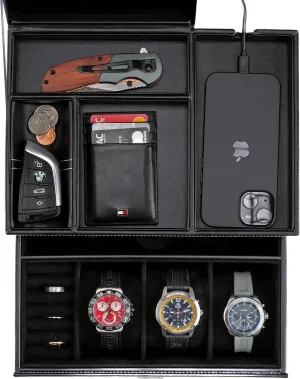 Premium Nightstand Station for Watches, Rings, and Accessories - band subtle premature Stylish Mens Dresser Top Organizer with Multiple Compartments and Soft Lining Mens Jewelry Box Organizer & Dresser Valet Tray - 