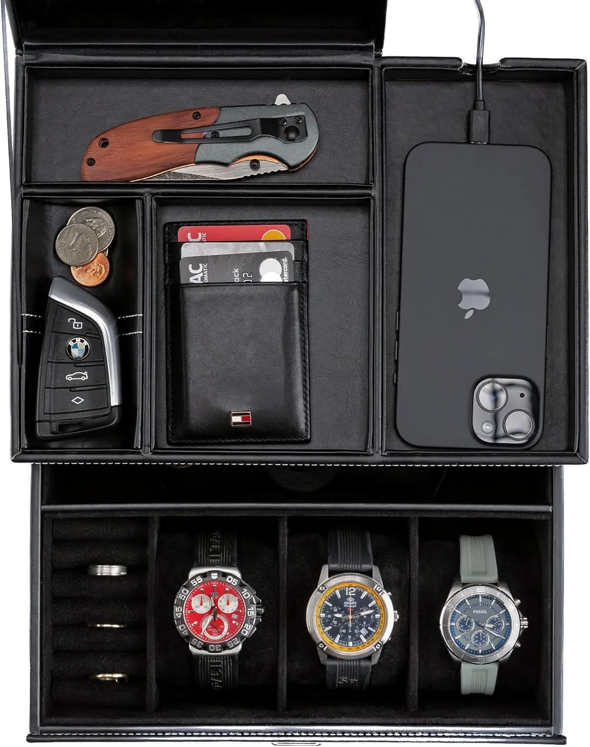 Premium Nightstand Station for Watches, Rings, and Accessories - band subtle premature Stylish Mens Dresser Top Organizer with Multiple Compartments and Soft Lining Mens Jewelry Box Organizer & Dresser Valet Tray - 