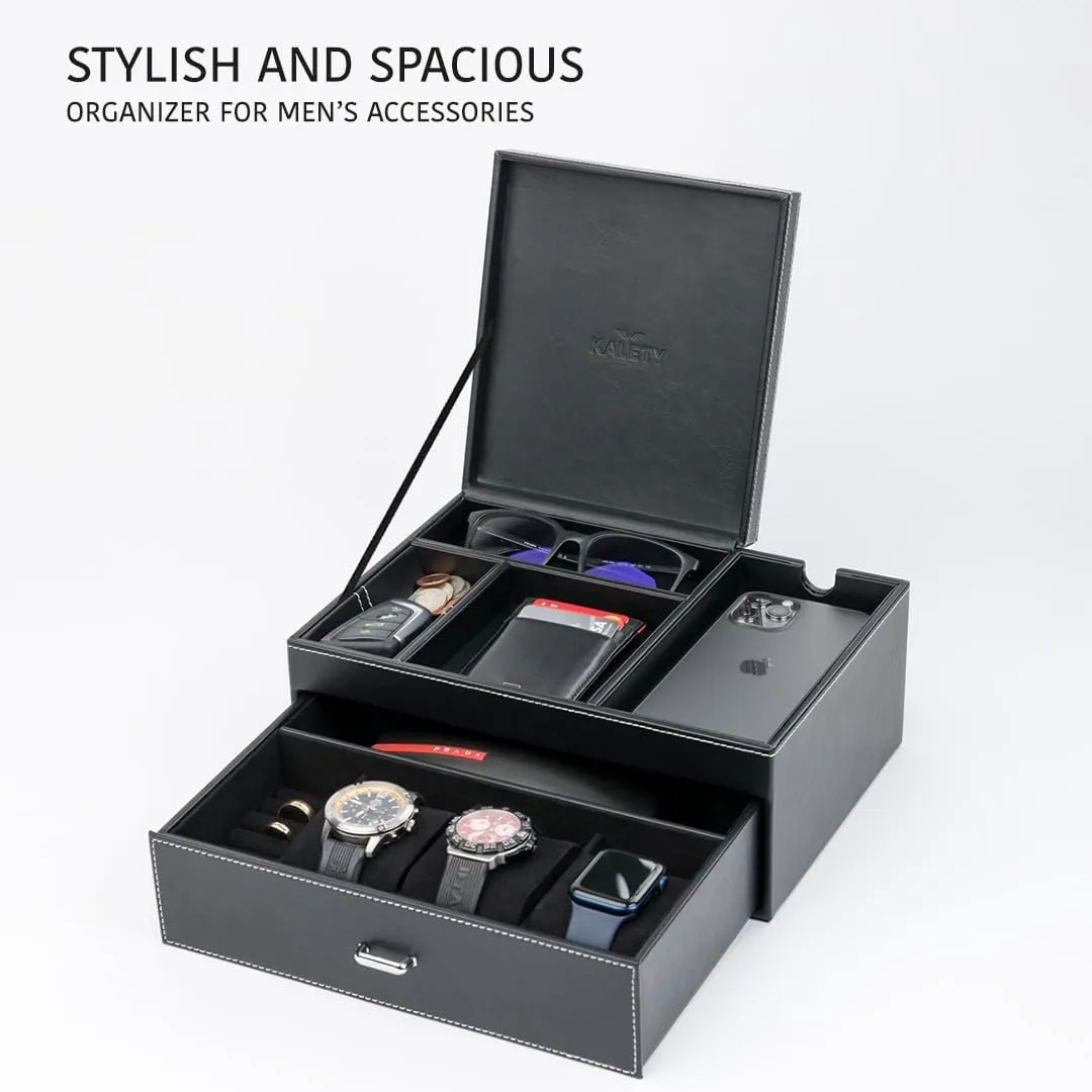 Premium Nightstand Station for Watches, Rings, and Accessories - band subtle premature Stylish Mens Dresser Top Organizer with Multiple Compartments and Soft Lining Mens Jewelry Box Organizer & Dresser Valet Tray - 