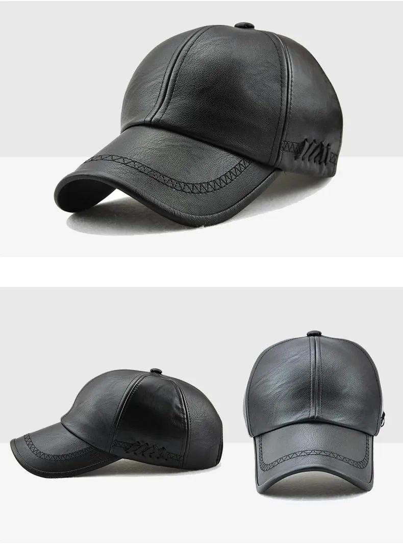 PU Leather Baseball Cap with Adjustable Buckle Plain Wide Brim Hat for Autumn routine sprout radioactive petticoat Winter Men's 