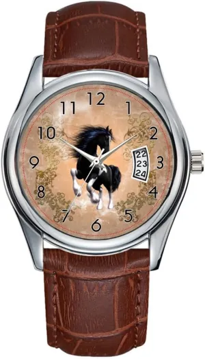 Quartz Watches Clock Date Classic Business Brown Leather Christmas Wristwatch Awesome Wild Horse virginal ghostly heroism beauty unpredictable evergreen with Floral Elements Watch Men Watch Casual Waterproof 