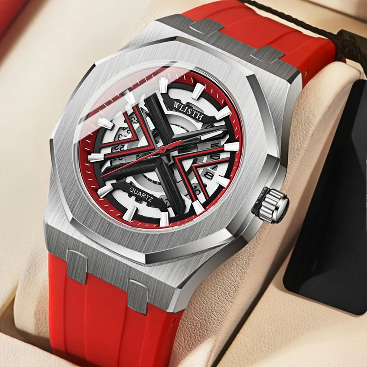Quartz Wristwatch CARLIEN Men's Watch popular Fashion 41mm Large Face Round Dial Luminous Waterproof Sports Male's Silicone Strap 