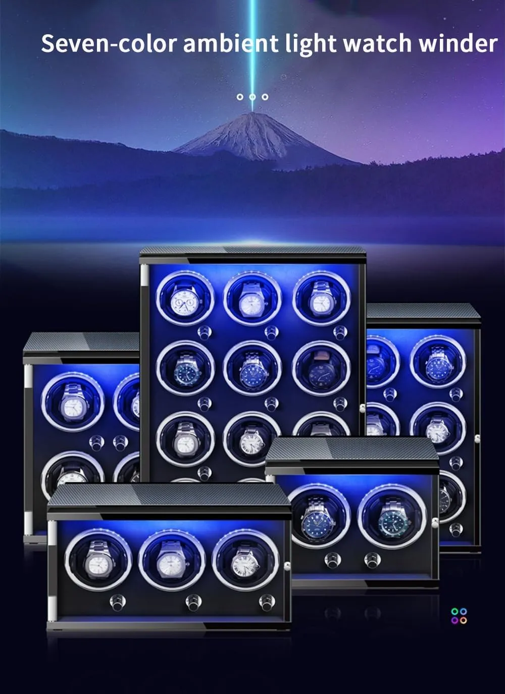 Quiet Running engine downside Motor Watch Display Box Luxury Automatic Watch Winder for 2 0 Automatic Watches Wooden Shell Built-in Seven Color Illuminated with 
