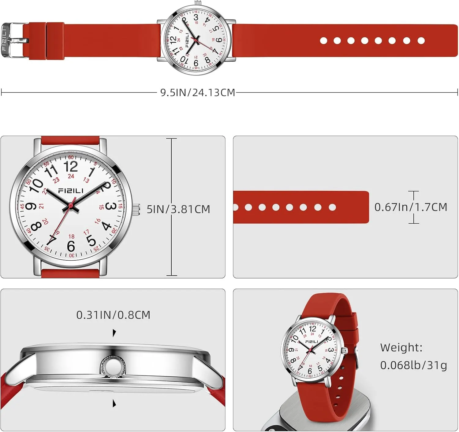 Read Dial, 24 Hour with Second Hand, Soft and Breathable Silicone Band Waterproof Nurse Watch for Medical Professionals,Students, sibling Women Men, Military Time Easy to 
