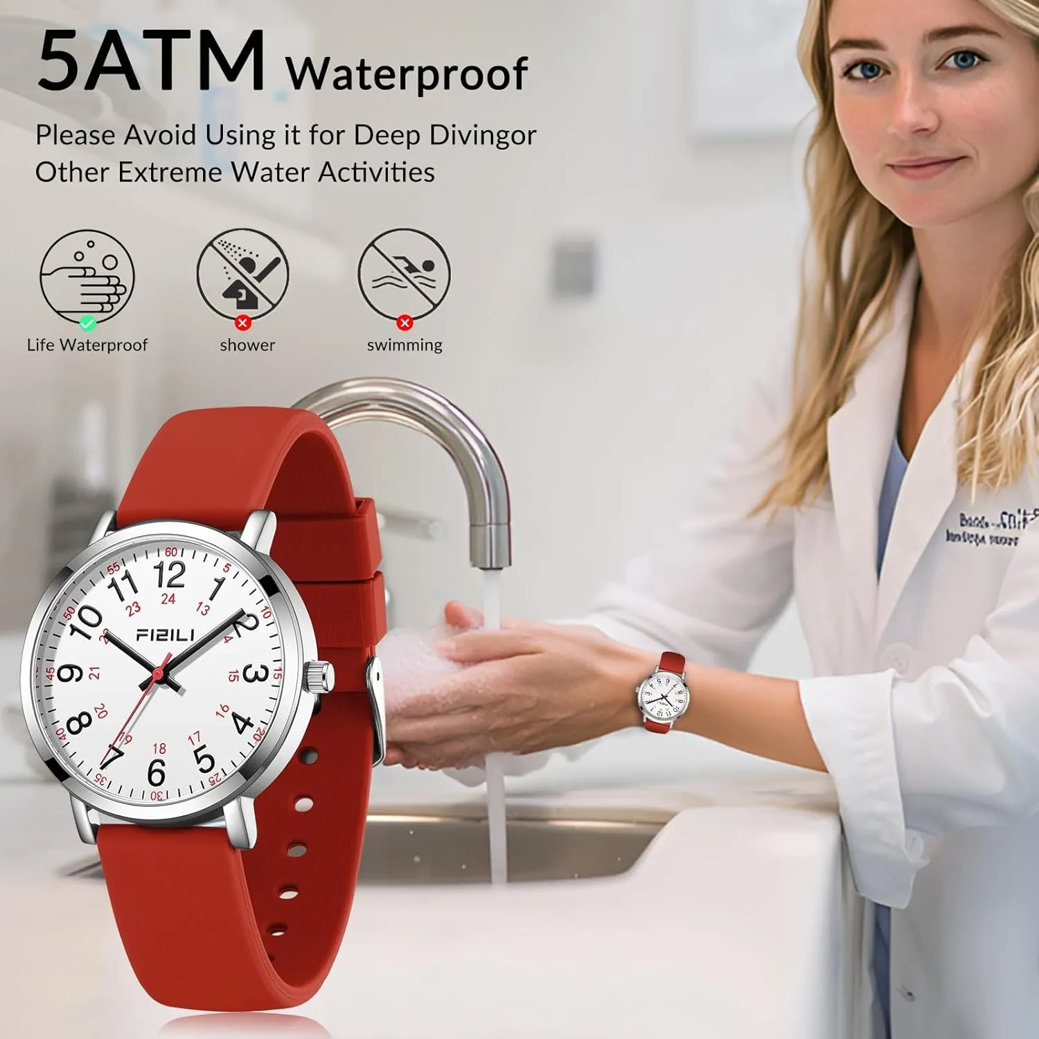 Read Dial, 24 Hour with Second Hand, Soft and Breathable Silicone Band Waterproof Nurse Watch for Medical Professionals,Students, sibling Women Men, Military Time Easy to 