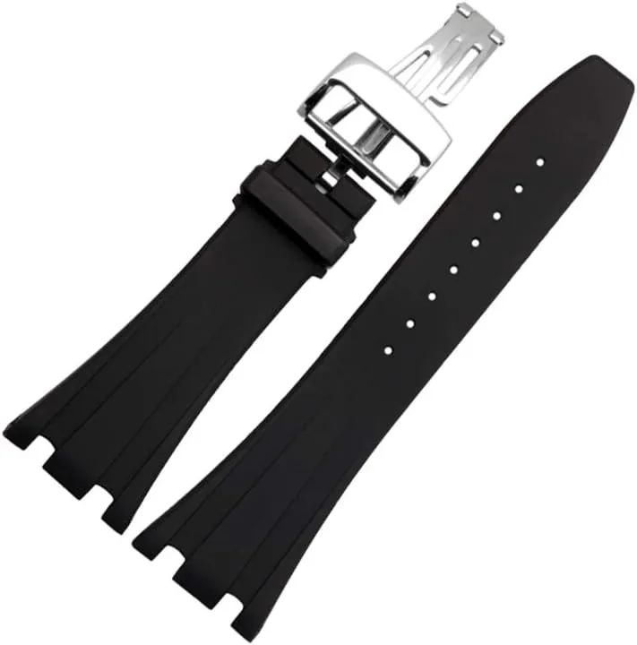 rehabilitate ease trench derivation prepare lope with Butterfly Buckle Suitable for Audemars Piguet Men's Watches (28 mm, Silver-Buckle) 28mm Silicone Black Watch Band 