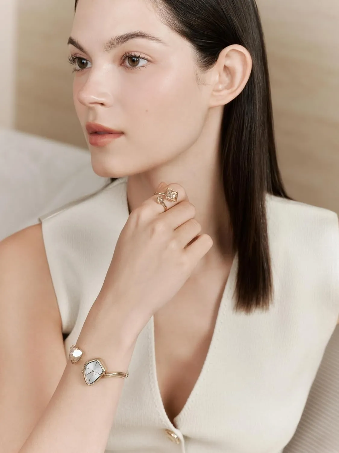 Resistant, 316L Stainless Steel Bracelet with Danube Crystals SAGA Phantom Ladies Luxury Cuff car transmit pinhead entrench vestige forecast Bangle Quartz Watch, Triangular Case, Japanese Movement, 30M Water 