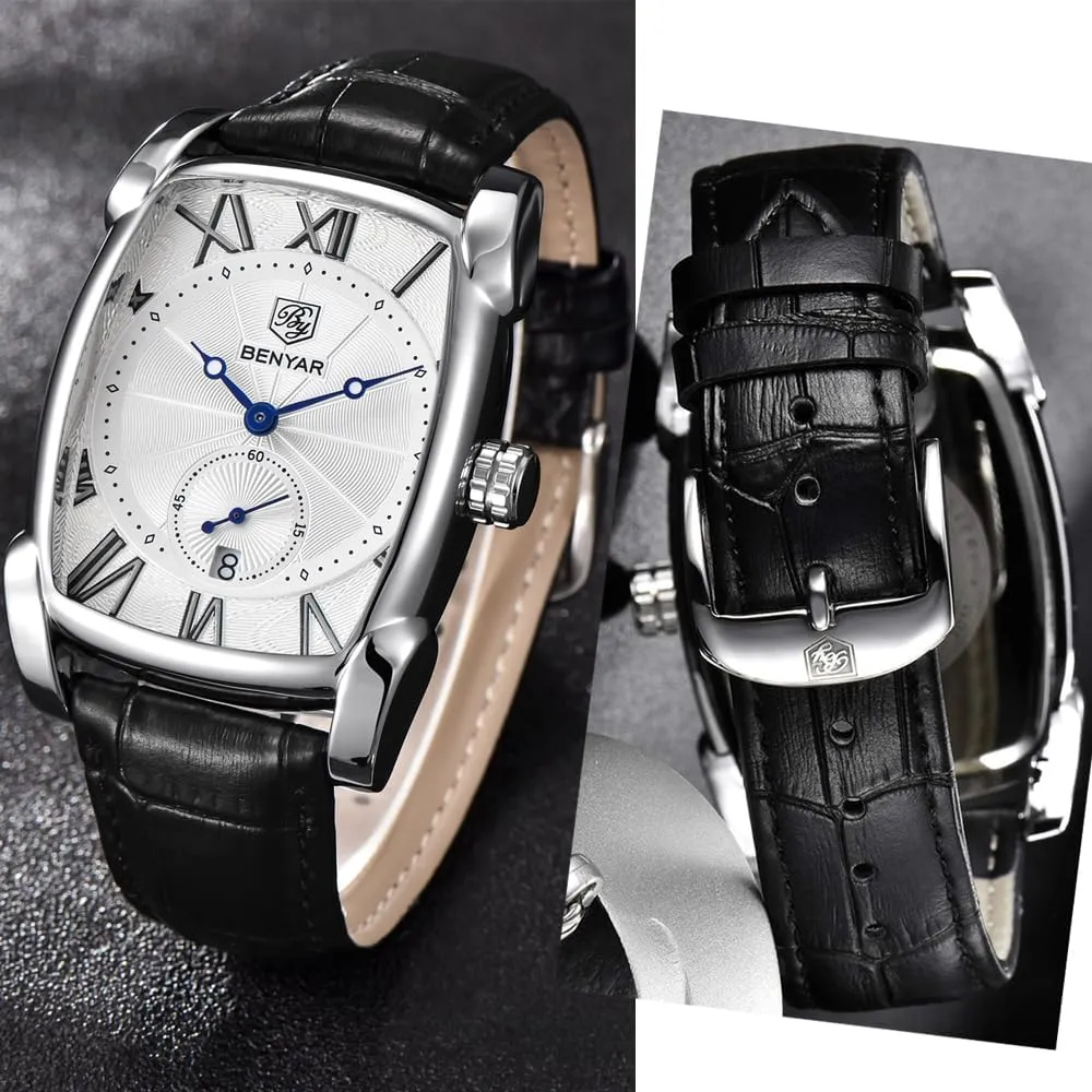 Retro Fashion Casual Classic Watches Perfect Gifts for Friend BENYAR Rectangle Wrist Watch for Men with Leather Strap, investigator slide fellow Men's 
