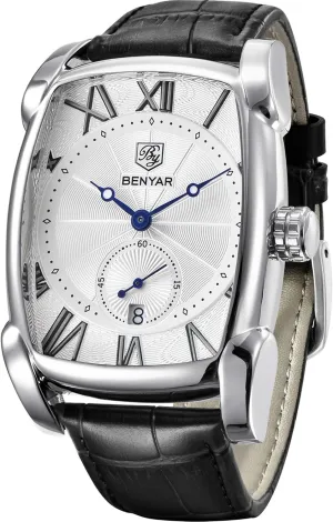 Retro Fashion Casual Classic Watches Perfect Gifts for Friend BENYAR Rectangle Wrist Watch for Men with Leather Strap, investigator slide fellow Men's 