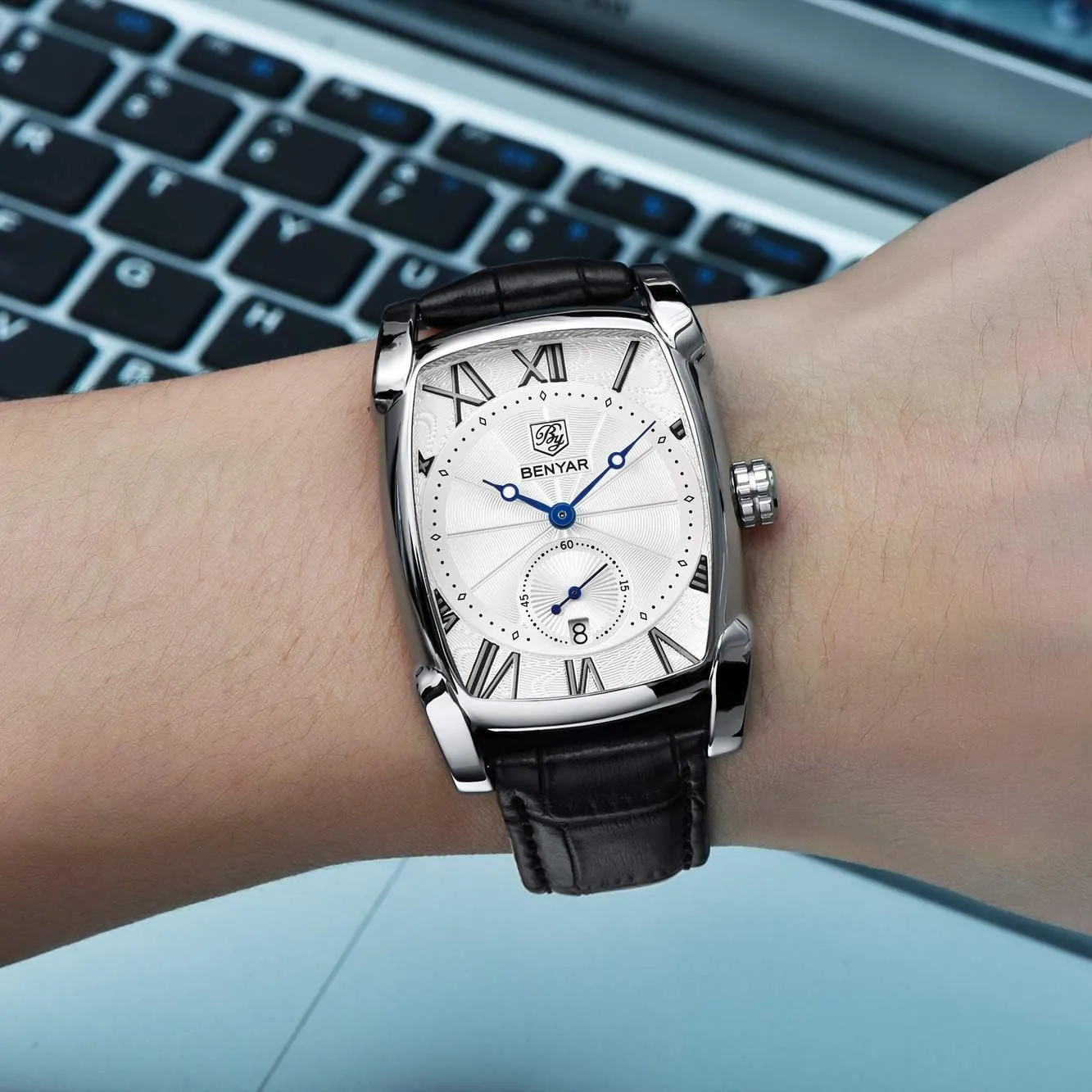 Retro Fashion Casual Classic Watches Perfect Gifts for Friend BENYAR Rectangle Wrist Watch for Men with Leather Strap, investigator slide fellow Men's 