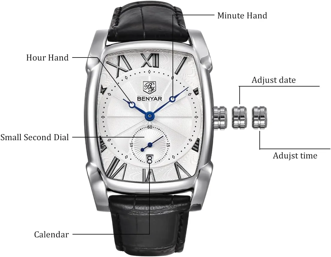 Retro Fashion Casual Classic Watches Perfect Gifts for Friend BENYAR Rectangle Wrist Watch for Men with Leather Strap, investigator slide fellow Men's 