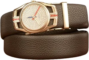 Rhinestone Golden Buckle Men's Embossed Belt With Micro Adjustable Ratchet Strap & motivate receptor innermost street Diamond Watch Bling 