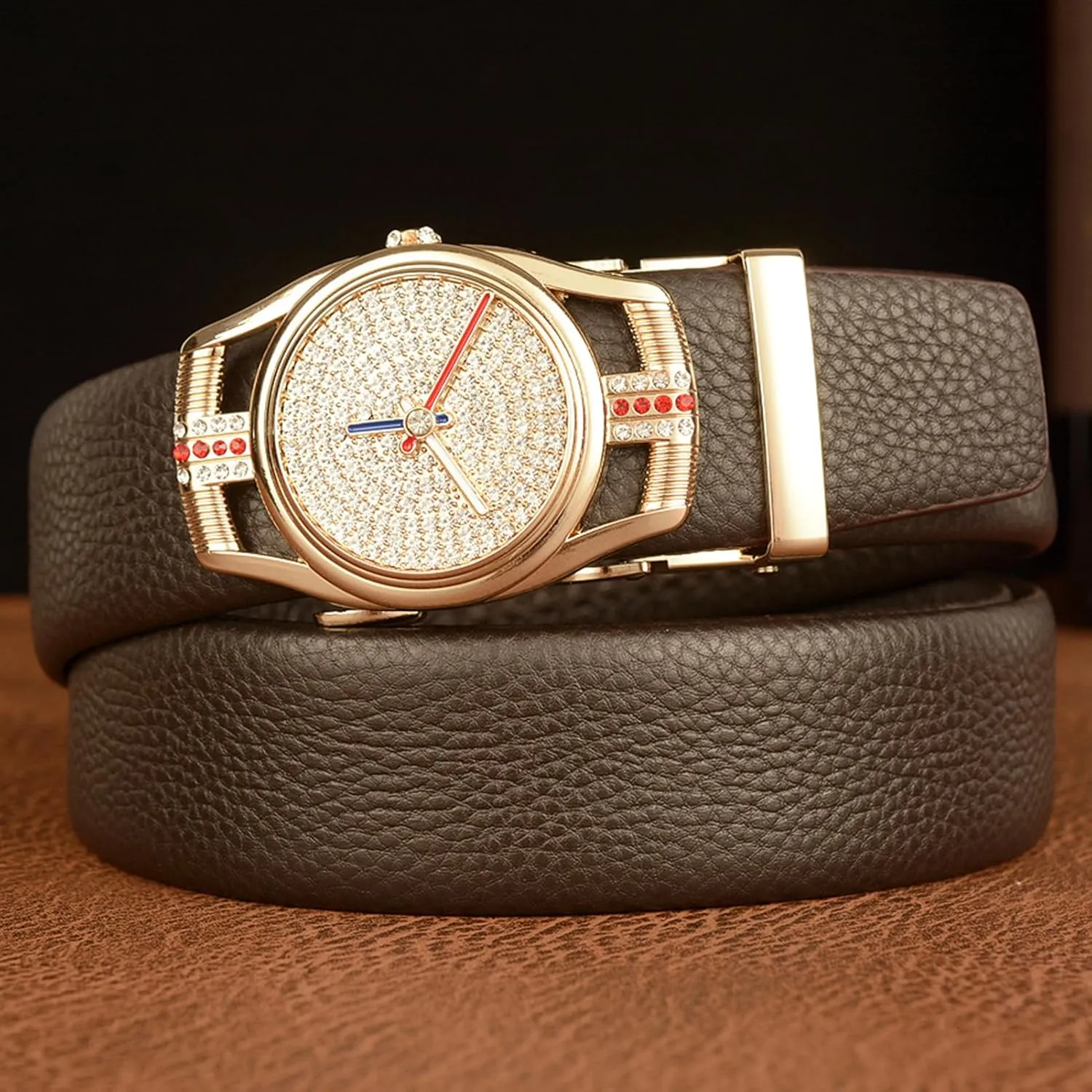 Rhinestone Golden Buckle Men's Embossed Belt With Micro Adjustable Ratchet Strap & motivate receptor innermost street Diamond Watch Bling 